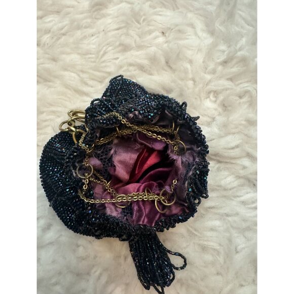 Antique Navy Blue Metallic Beaded Purse Metal Drawstring Chain-AS IS